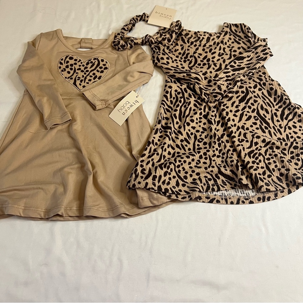btween‎ Baby Girl Dress Bundle 12M Leopard Heart Dresses Headband NWT 2 Pc